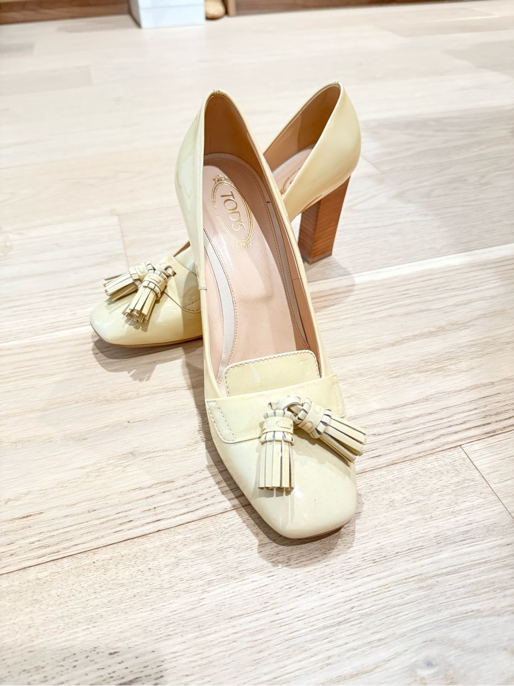 Tod's Cream Patent Leather Tassel Block Heels